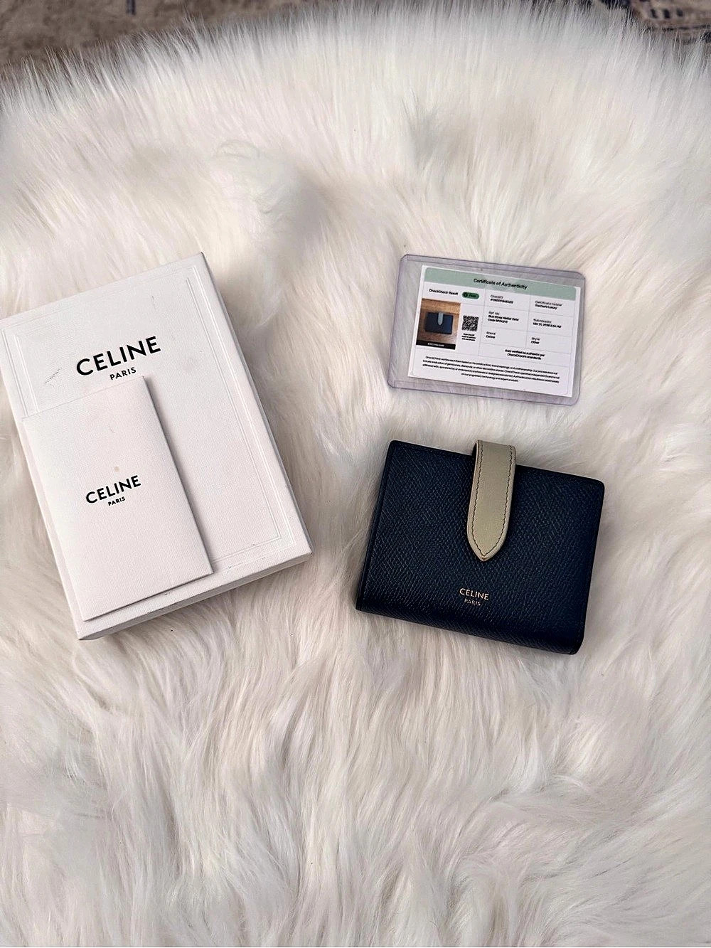 Celine Medium Strap Wallet in Bicolor Grained Calfskin Blue